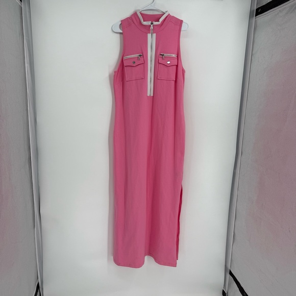 Boston Proper Zip Neck Maxi Dress Shift Size Large Sleeveless Pink White Cotton - Picture 10 of 10